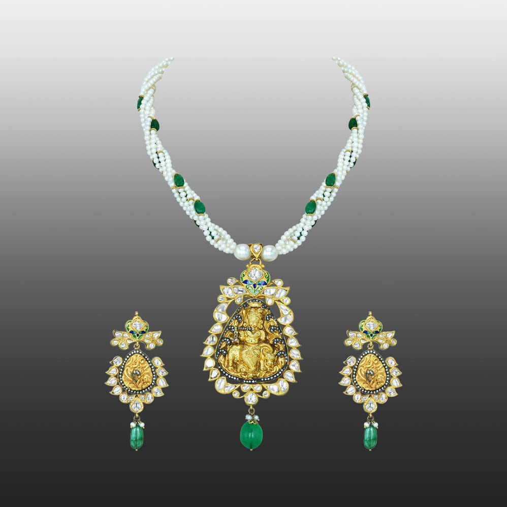 Krishna Polki Pendant Necklace Set with Pearls, Emeralds and Enamel